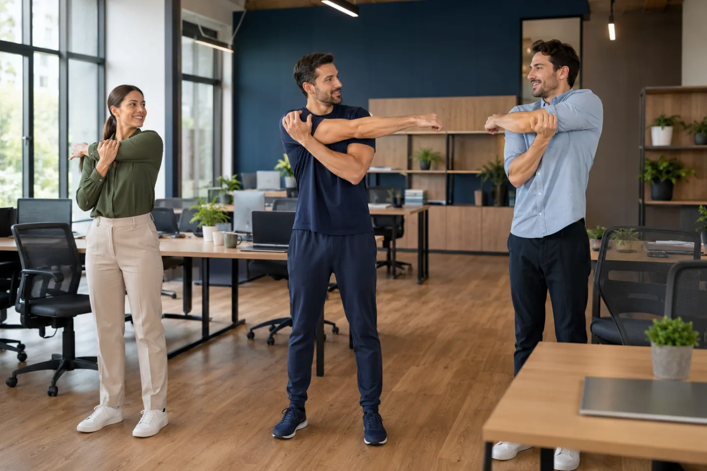 Instructor hombre guía a dos personas en una pausa activa de hombros dentro de una oficina