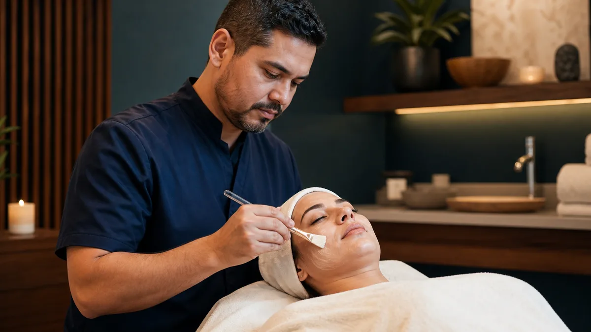 Esteticista de THA aplicando cuidadosamente un tratamiento facial personalizado