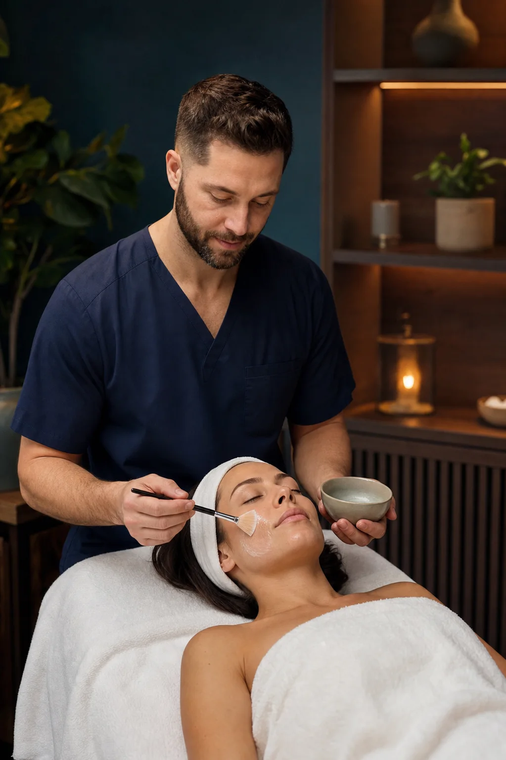 Esteticista aplicando suavemente una mascarilla durante una limpieza facial personalizada
