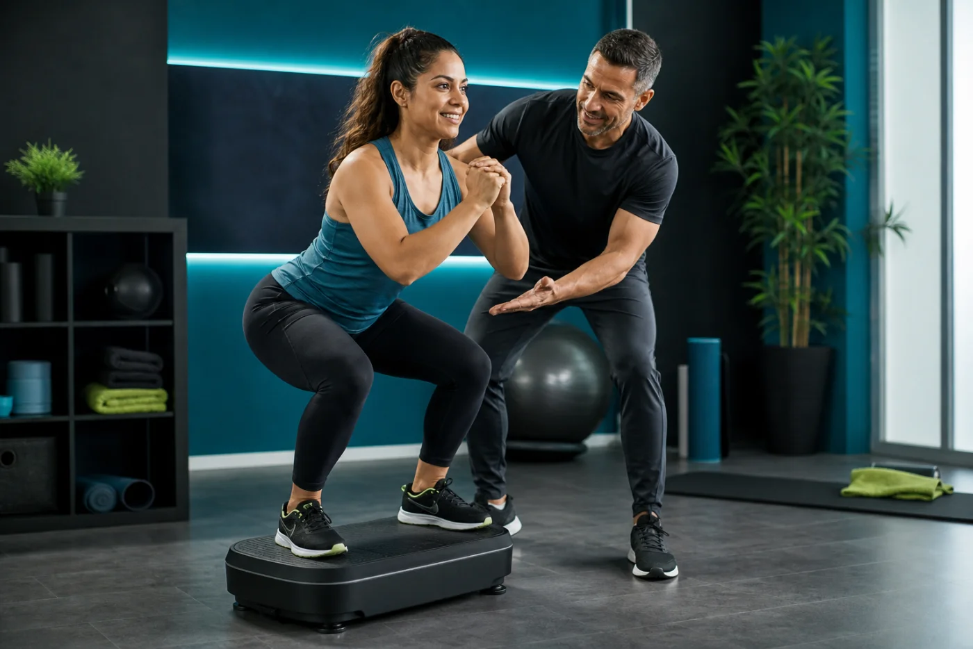 Entrenador certificado guiando un ejercicio sobre plataforma vibratoria